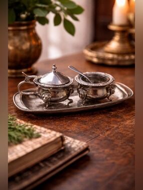 ANTIQUE Elegance Silver Plated Condiment Caviar Dinnerware Sugar Bowl & Tray Set